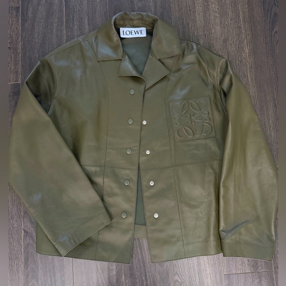 Authentic Loewe Olive Green Sheepskin Shirt Jacket – Perfect Condition, EU 36
